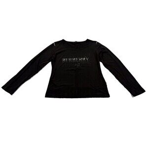 VTG Burberry Black Rhinestone Long Sleeve Cotton Scoop Neck T-shirt Blouse Sz L